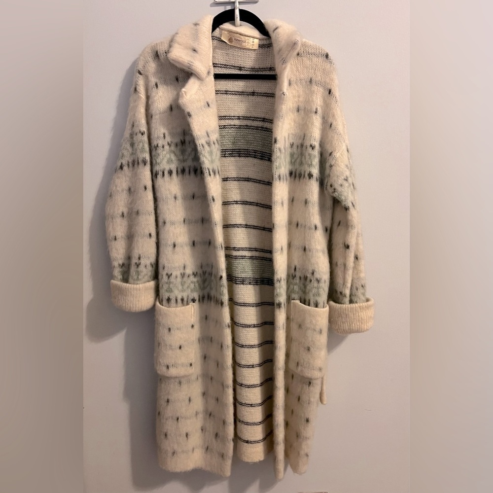 ALAFOSS ICEWOOL Ivory & Brown Virgin Wool Full-Zip Belted Sweater Coat-  Sz S - Picture 4 of 14
